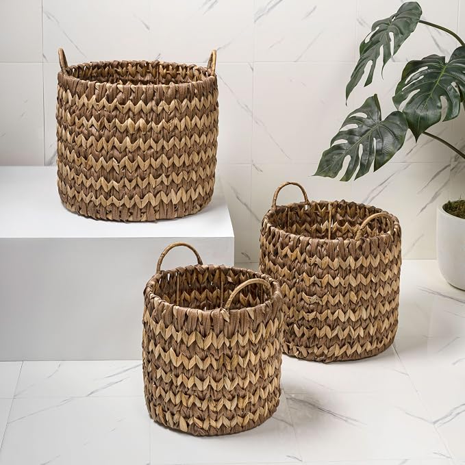 happimess Cassia 3-Piece Handwoven Hyacinth Nesting Baskets, Brown/Natural | Two-Tone Style, Integrated Round Handles, Durable Iron Metal Frame, Coastal Farmhouse Decor, Living Room Storage Containers