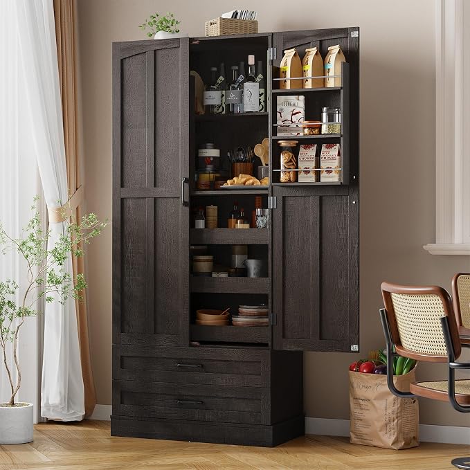 71" Tall Farmhouse Kitchen Pantry Cabinet with 3 Pull Out Shelves & 2 Large Drawers, Pantry Storage Cabinet with 6 Door Shelf & Adjustable Shelf, Freestanding Cupboard for Kitchen, Dining Room