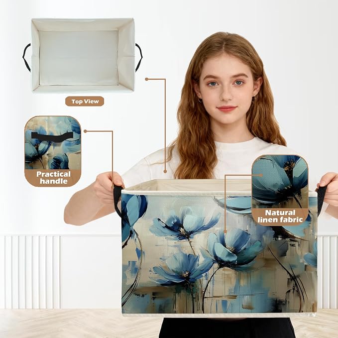 Abstract Blue Floral Storage Box Bins, Modern Impressionism Flower Botanical Collapsible Storage Basket Organizer for Bedroom Laundry Room Home Clothes Books, Decor for Room