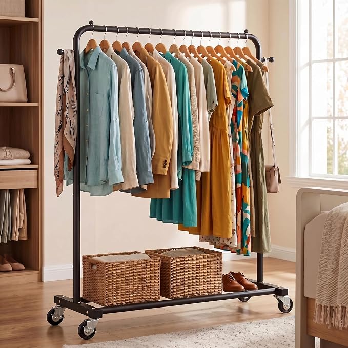 Sywhitta Metal Clothing Rack on Wheels with Bottom Shelf, for Clothes,Black | Rolling Garment Rack for Hanging Clothes, Coats, Skirts, 39.76" L x 16" W x 63.78" H,Space-Saving Mobile Organizer for Closet