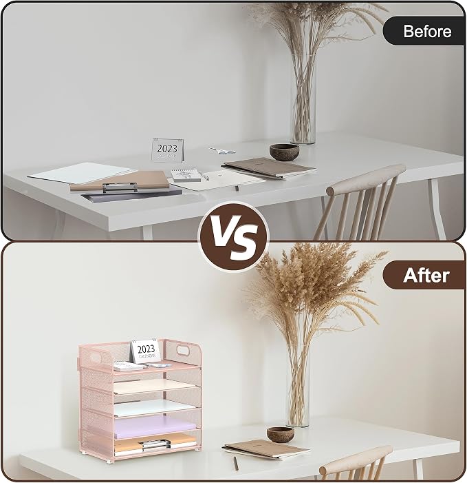2 Pack 5-Tier Pink Desk Organizer with Handle Mesh Desk File/Paper Organizer Letter Tray for Office, School, Classroom and Home Easy Installation