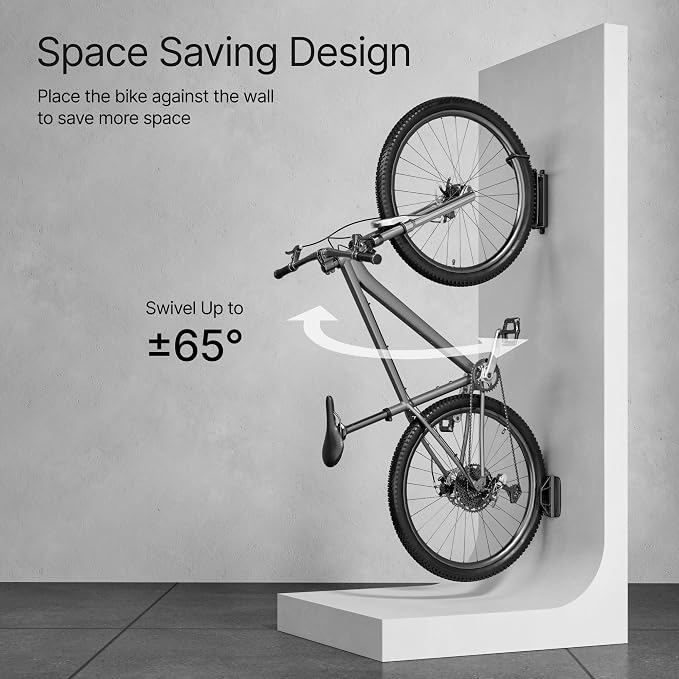 Bike Wall Mount for Garage, Holds 77lbs,Swivel Indoor Bike Storage, 1 Pack | Adjustable 65° angle for space-saving storage. Fits most bikes with tires under 3.15"H/3.5"W. Ideal for garage & entryway.