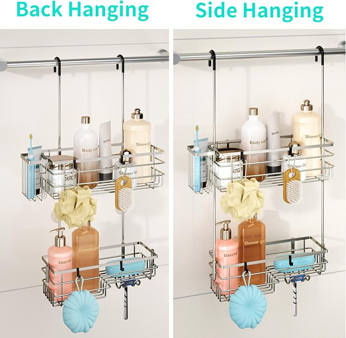 HapiRm Hanging Shower Caddy Organizer - No Drilling Shower Shelves with Hooks and Toothbrush Holder, Rustproof 304 Stainless Steel Bathroom Organizer - Brushed Nickel