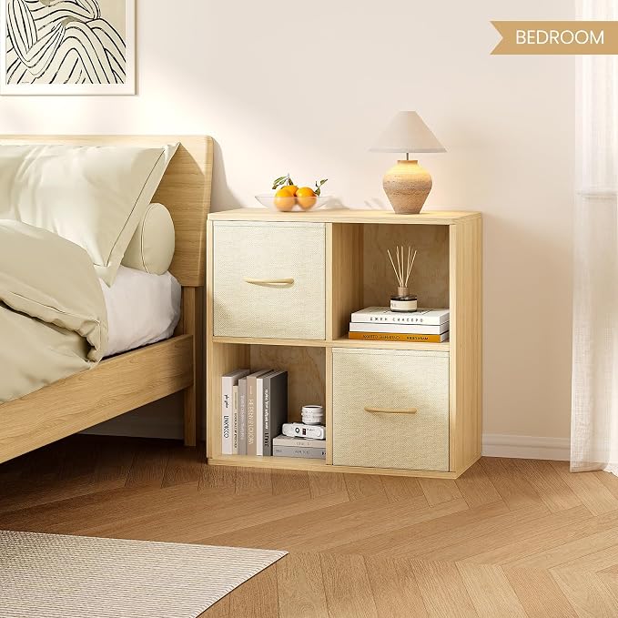 EXPERLAM 4 Cube Storage Organizer - Solid Wood Bookshelf with 2 Storage Bins, Cube Shelf with 2 Removable Back Panels, Vertical or Horizontal Bookcase, Open Book Shelf for Bedroom, Living Room, Office