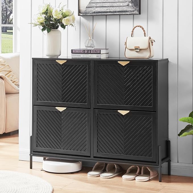 Shoe Cabinet with 4 Flip Drawers, Narrow Entryway Rack, Black | Slanted Wood Grain, Freestanding, Adjustable Compartments, Removable Middle Shelf, Metal Handles, for Hallway Foyer Entrance