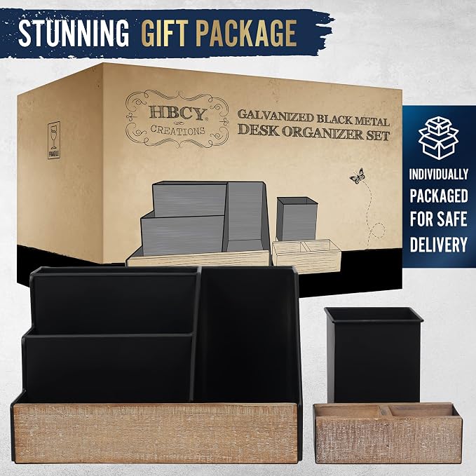 HBCY Creations 3 PIECE Black Metal Desk Organizer Set | Rustic Mail Organizer Desktop | Rustic Industrial Home Decor