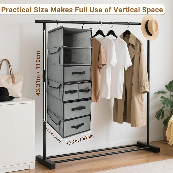 Durable 6-Tier hanging closet organizer with 5 Drawers & 3 Side Pocket,Thickened Fabric Hanging Shelves Holder with Sturdy Hook,Space-saving Storage Organization for Bedroom,Dorm,Guestroom,RV,Bathroom