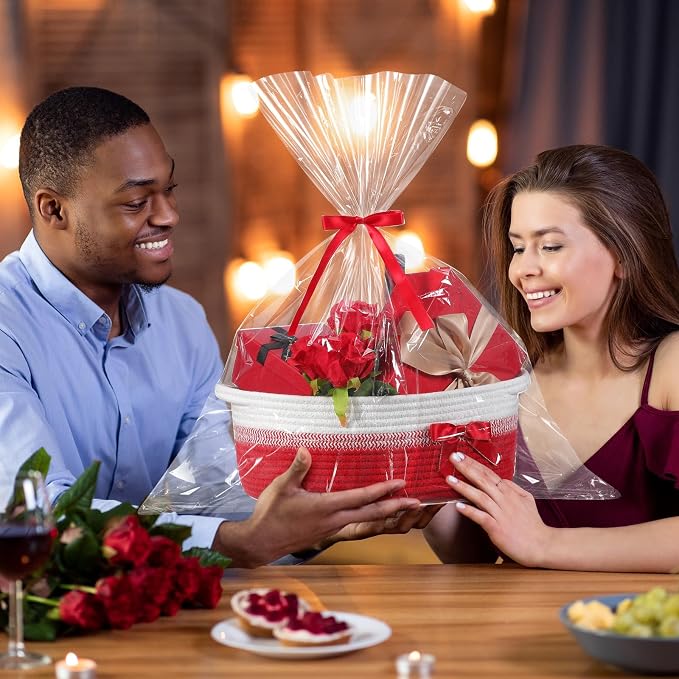 Colingmill 1 Set Woven Empty Basket for Gift,Red White | with Cellophane Wrap Set, 14 x 10 x 5.5 Inch, Medium Decorative Gift Basket, Cotton Rope Storage Box, Home Decor