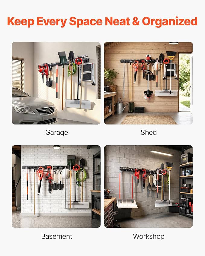 VEVOR Garage Tool Organizer 66 Inch 800 lbs Wall Mount Garden Tool Rack, Heavy Duty Garage Hanging Storage Rack Organization with 4 Rails and 10 Adjustable Hooks, for Yard Tools, Shovel, Rake, Shed