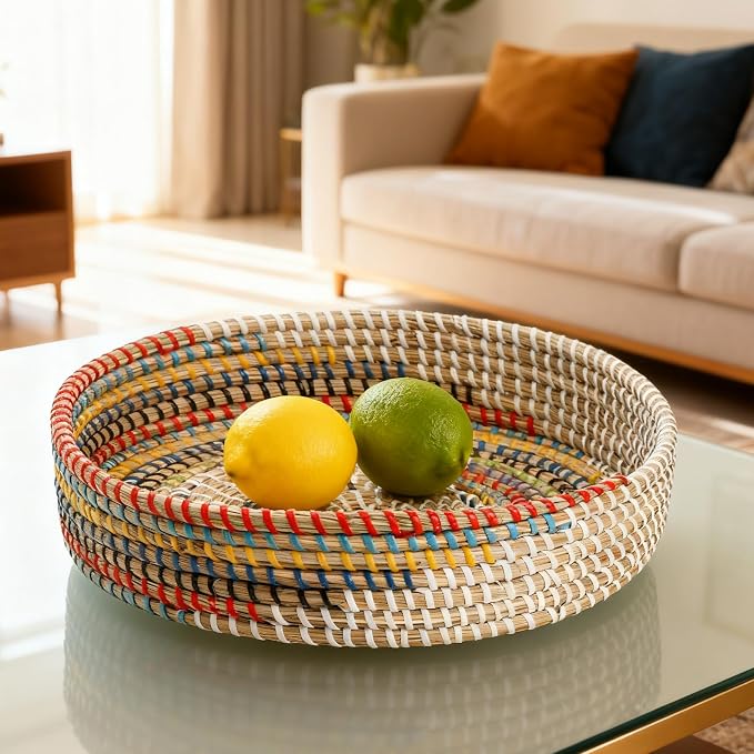 SOUJOY 12'' Woven Seagrass Serving Tray, Rattan Serving Tray, Handmade Round Ottoman Fruit Tray, Colorful Coffee Table Decorative Tray for Bread, Tea, Breakfast, Coffee, Drinks, Snack, Wall Decor