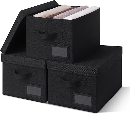 GRANNY SAYS Storage Bins with Lids, Linen Storage Bins for Shelves, Decorative Storage Boxes, Clothes Storage and Organization, Storage Boxes for Organizing, 3-Pack, Black