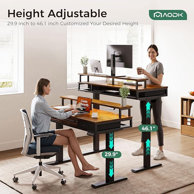 AODK 55 Inch Standing Desk with Drawers & Keyboard Tray, Rustic Brown | 3 Outlets & 2 USB Ports, LED Lights, Monitor Stand, Cable Management Tray, 3 Memory Heights, 29.9"-46.1" in Range