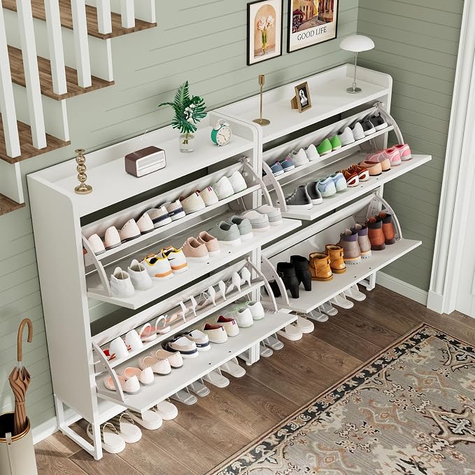 GRUSIGN Shoe Cabinet, Shoe Storage Cabinet with 2 Flip Drawers & Adjustable Shelf, Space-Saving Shoe Organizer – Holds 16+ Pairs, Narrow Shoe Cabinet Storage for Entryway/Hallway（White）