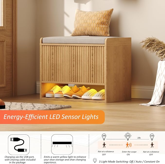 HOMEFORT 23.6" Fluted Shoe Storage Bench, Small Entryway Bench with Linen Seat Cushion, Shoe Cabinet Bench with Adjustable Shelf and Built-in LED Sensor Light, Bench for Bedroom End of Bed,Natural Oak