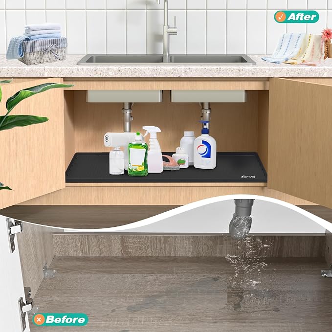 Silicone Under Sink Mat, 28"x22", Waterproof Cabinet Liner, Black | Shelf Liner, Cabinet Protector, Home Organizer, for Kitchen, Bathroom, Multipurpose, Leak Proof, Easy Clean, Drip Tray, Clean
