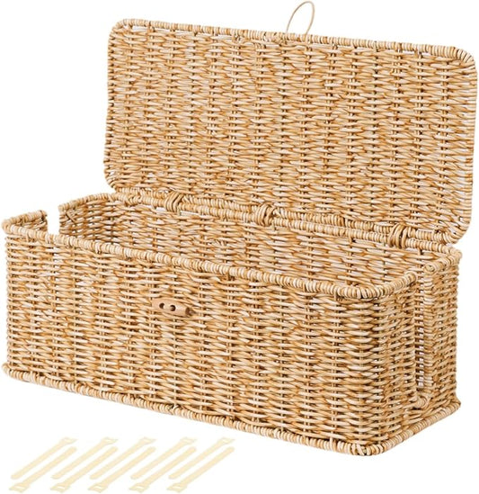 BROWNLILY Cable Management Box, Rattan Style Cord Organizer for Desk Cord Hider Outlet Covers for Power Strip TV PC Router Charger Under Desk Storage with Lockable Lid and Cable Ties