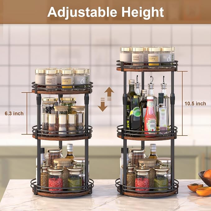 Across-Star Lazy-Susan-Organizer-Spice-Rack, 3-Tier Rotating Spice Organizer For Cabinet Pantry, Seasoning Holder Shelf With Adjustable Height, Kitchen Counter Shelf Countertop Organzier