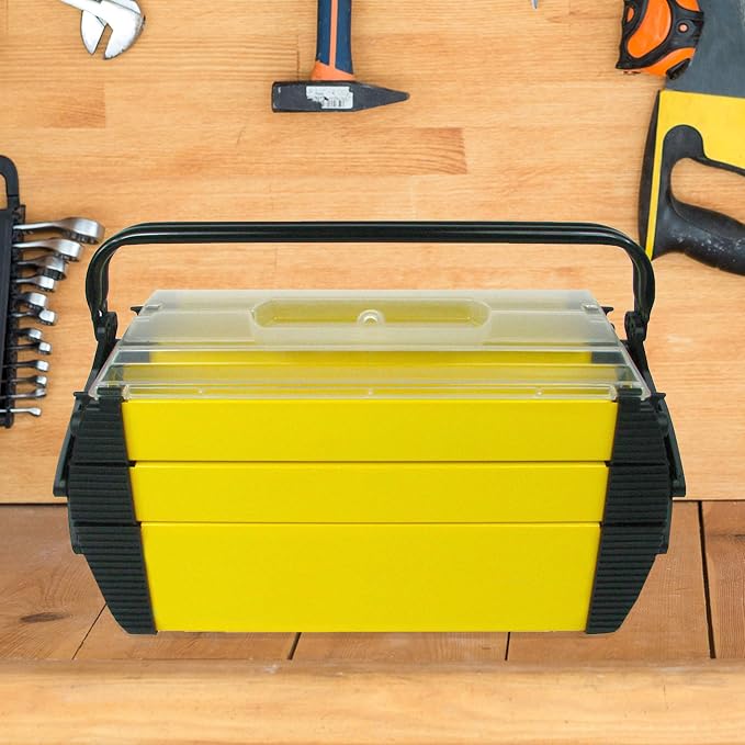Portable Tool Box - Storage Compartments for Tools, Parts, Crafting Supplies or Tackle by Stalwart - Cantilever Toolbox, 18"L x 11.8"W x 8.25"H, Black/Yellow
