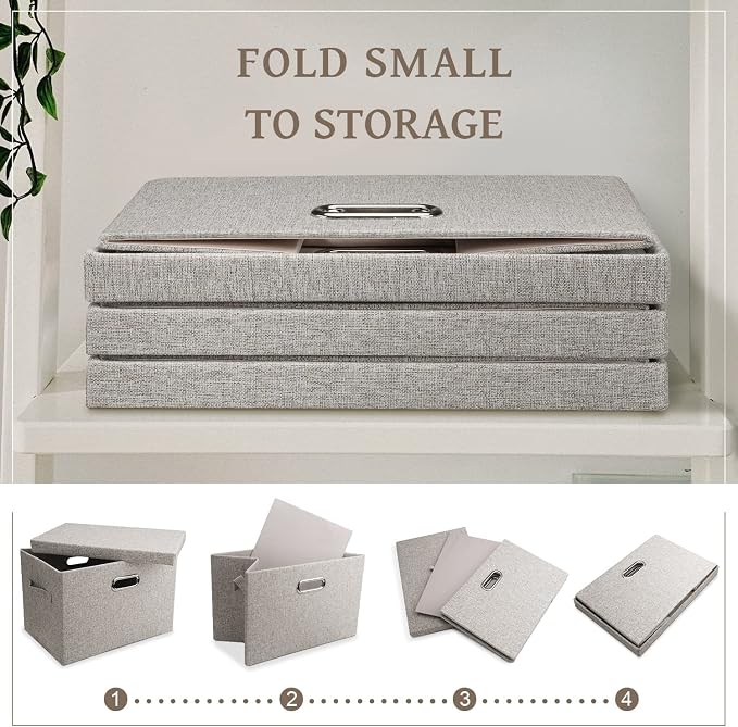 Storage Bins with Lids Fabric Closet Organizers Cubes Office Organization | 21 Quart 5 Pack Beige Collapsible Stackable Linen Fabric 4 Handles Bedroom Closet Cabinet Under Bed Clothes Toy Office File