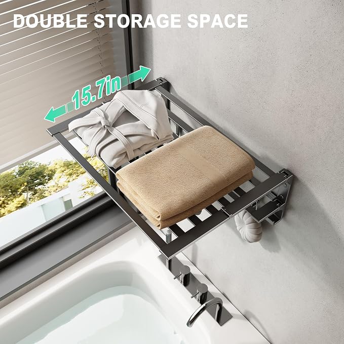 VOLPONE 24 Inch Towel Rack with Towel Bar Holder Foldable Large Towel Shelf with Movable Hooks Rustproof Widened Towel Storage Rack Wall Mount for Bathroom Lavatory Matte Grey