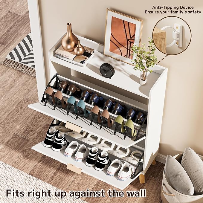 Slim Shoe Storage Cabinet for Entryway, 2 Flip Drawers Wooden Organizer with Fluted Panel, Secure Fence Top for Plants & Decor, Hidden Shoe Storage for Hallway & Foyer (White)
