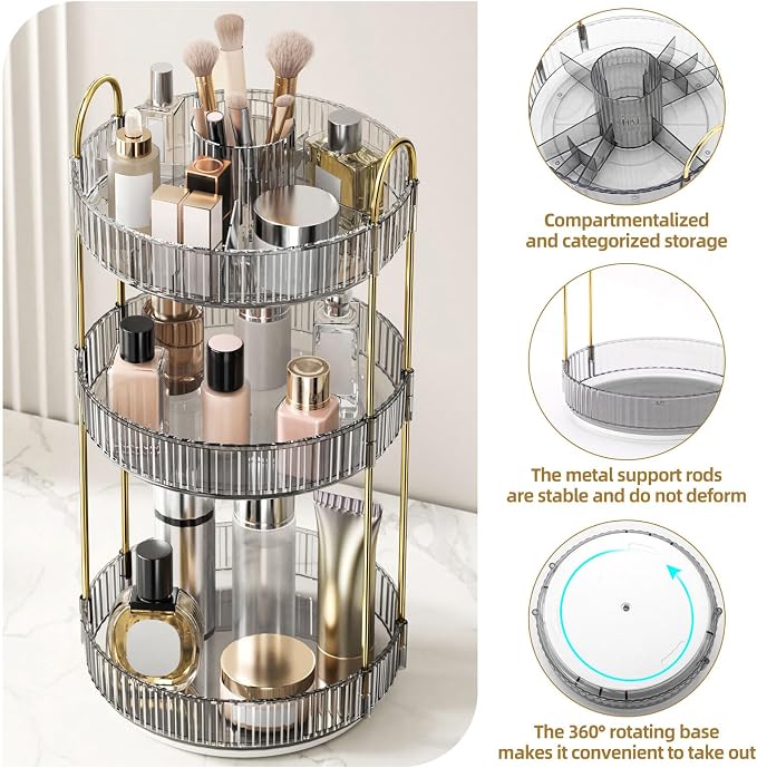 360° Rotating Makeup Organizer, Large-Capacity Skincare Make Up Storage 3 Tier Perfume Organizers Cosmetic Dresser Organizer with Makeup Brush Holder, Fits Bedroom, Bathroom, Vanity Shelf Countertop