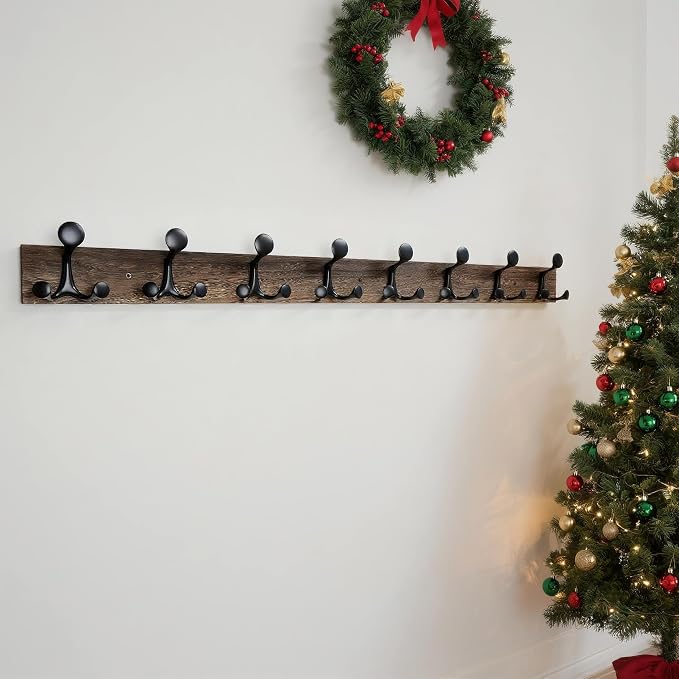 WEBI Coat Rack Wall Mount,43" Solid Wood Coat Hooks Wall Mounted Coat Hanger,16" Hole to Hole,Heavy Duty Hook Rack Rail,8 Triple Hooks for Hanging Coats,Jacket,Clothes,Hat,Weathered Brown,2 Packs