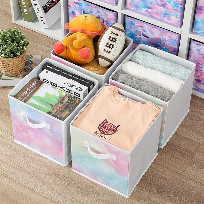 Stero Fabric Storage Cubes, 6 Pack Foldable Storage Bins with Handle, 11 Inch Box for Shelves, Closet, Organizer, Tie-dye Pink