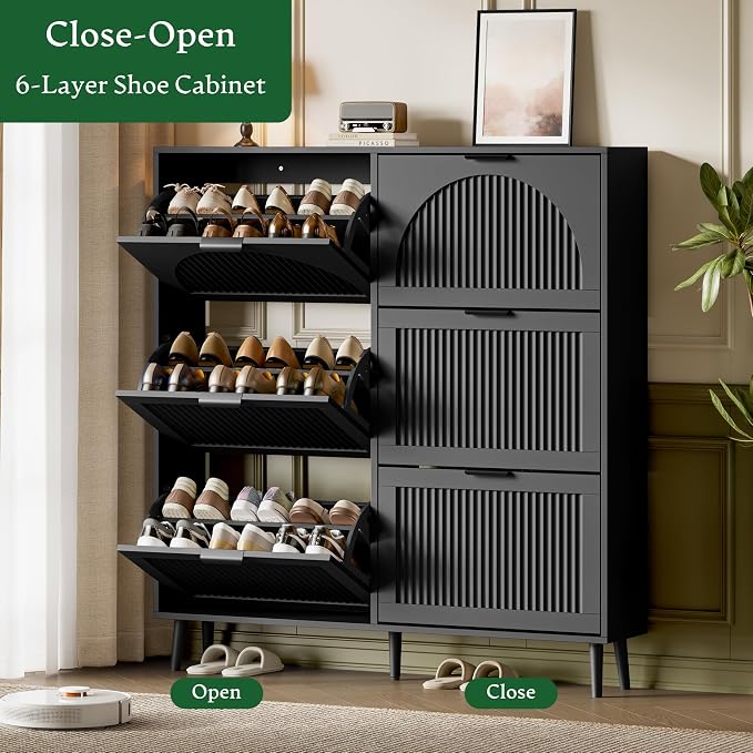 Xixini Shoe Storage Cabinet with 6 Flip Drawers, 50" Tall Narrow Wood Fluted Shoe Organizer for Entryway, Freestanding Wooden Hidden Slim Shoe Rack for Front Door Entrance, Hallway, Foyer, Solid Black