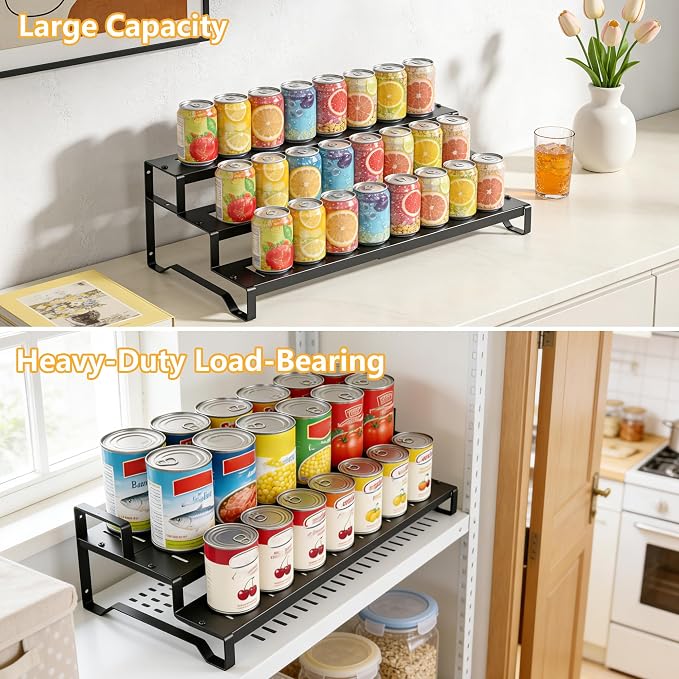 Expandable Can Organizer for Pantry, 3 Tier Metal Canned Food Storage | 13"-21" Adjustable Length, Tiered Reversible Shelf Design, Large-Capacity Storage for Pantry Kitchen Cabinets & Countertops