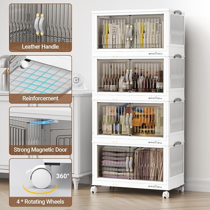 BROVIEW 300 Qt Stackable Storage Bins with Lid, Plastic Closet Organizers and Storage Drawer, Collapsible Storage Box with Wheels, Folding Storage Cabinet for Closet Clothes Organization, 5Pack White