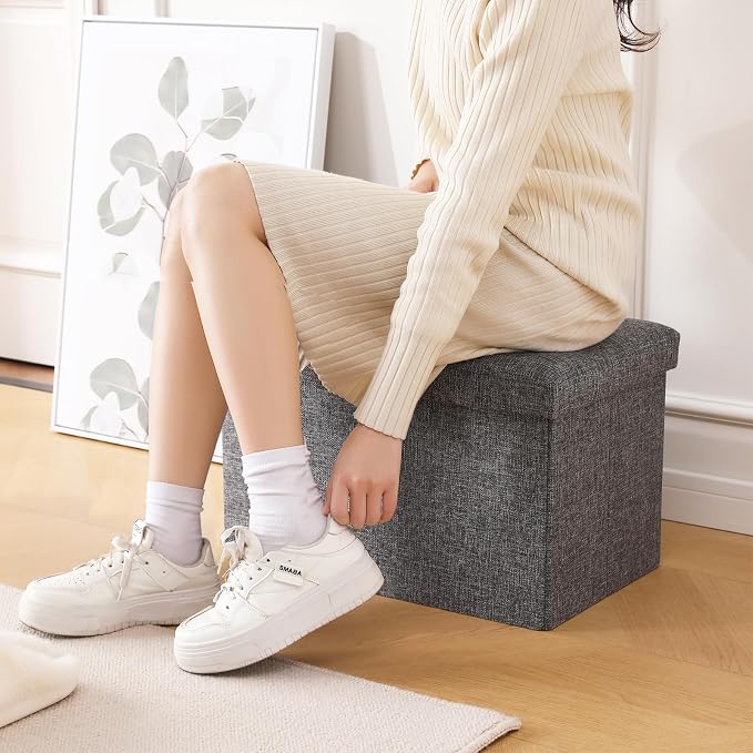 Storage Ottoman Cube Small Footrest Foldable Seat Foot Stools Square Tufted Ottoman Linen Black