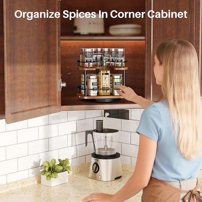 Lazy Susan Organizer Spice Rack - Spice Organization for Cabinet Height Adjustable Rotating Lazy Turntable, Pantry Kitchen Wood Revolving Seasoning Organizer (Vintage, 9 Inch)