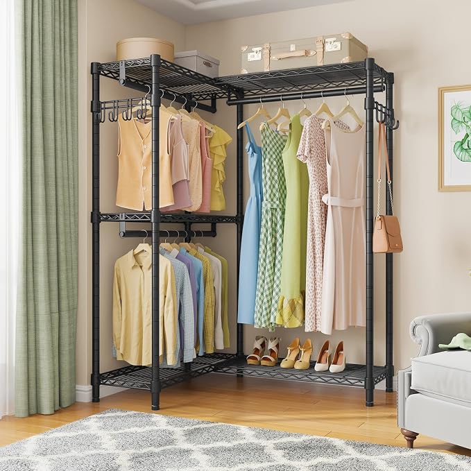 VIPEK L4 Clothing Rack for Hanging Clothes Heavy Duty Closet for Corner | L Shaped Closet System, Multiple Hanging Rods, Adjustable Wire Shelving/Side Hooks, Load 810lbs for Walk-in Closet, Black