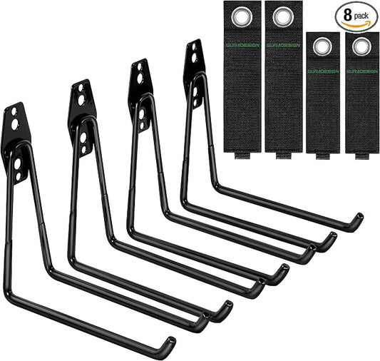 GURADESIGN 4-Piece Garage Hooks Wall Mount Storage Hanger with 4 Extension Cord Holder Organizer, Heavy-Duty Steel, 7.5 inch Ladder Hooks for Garage Wall