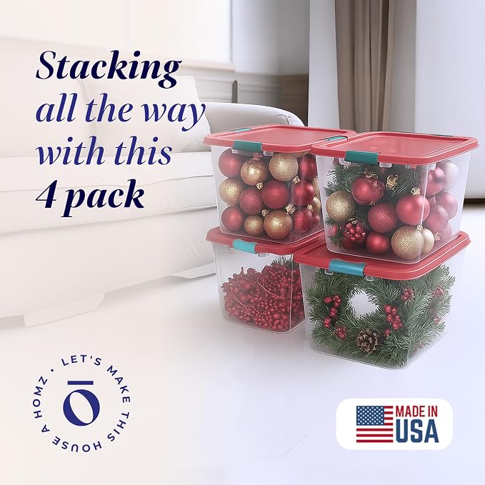 HOMZ Holiday Clear Plastic Storage Container with Latching Handles | Large Stackable Organization Container for Home, Garage, and Office Organization
