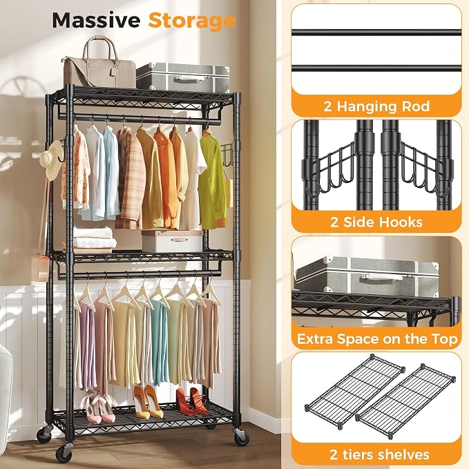 OLIXIS Rolling Clothes Rack, Heavy Duty Garment Rack, 35 IN, Metal Black | Adjustable Closet Organizer for Hanging Clothes, Portable Closet with 2 Side Hooks