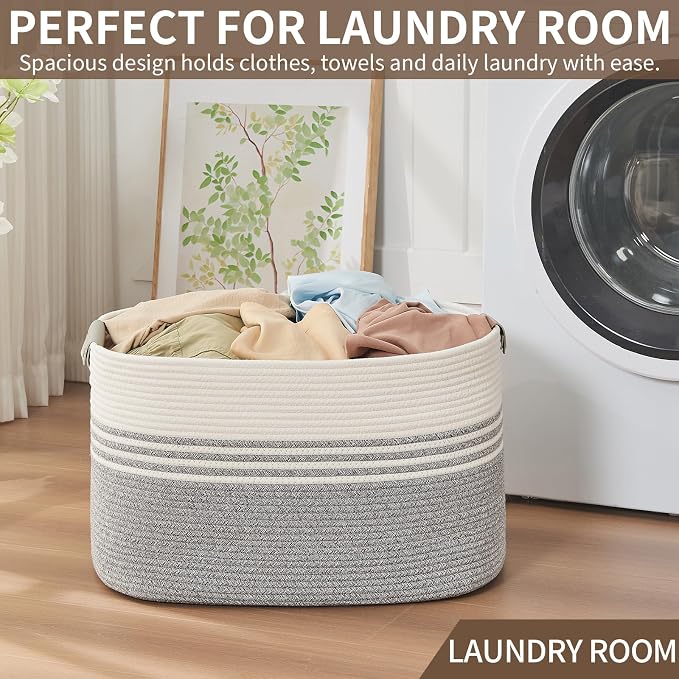 Laundry Hamper with Handles, 72L Rope Laundry Basket, Grey | Cotton rope clothes hamper with leather handles holds blankets, pillows, toys and laundry in nursery, bedroom or living room