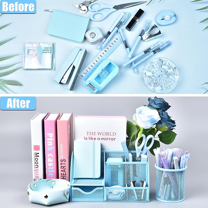 Blue Desk Accessories, 26Pcs Office Supplies and Desk Organizers, with Tape Dispenser, Stapler, Staple Remover, Ect, Gift Box Packaging