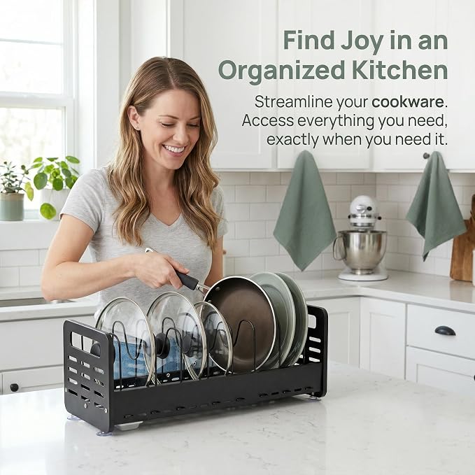 Pots and Pans Organizer Under Cabinet, Expandable Pot Lid Organizer | Adjustable Heavy Duty Rack with Removable Drip Tray, Expands 15.4"–24.8", Ideal for Kitchen Cabinets and Countertops.