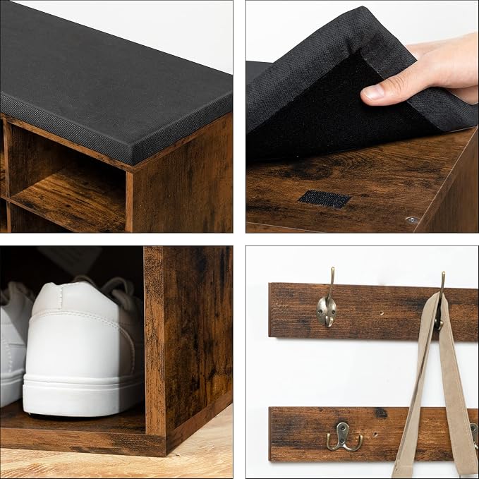 HOOBRO Shoe Storage Bench with Cushion, 39.4" L Entryway Bench with 12 Cubbies, Entryway Hall Tree with Storage, Shoe Cabinet with Coat Rack for Bedroom, Hallway, Holds up to 330 lb, BF112HX01G1