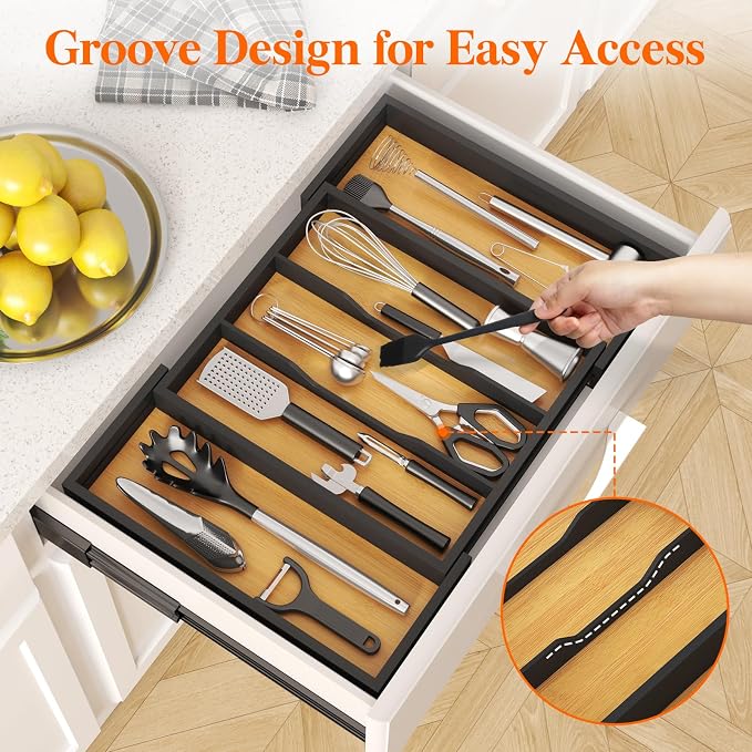 Lifewit Utensil Organizer for Kitchen Drawer, Expandable Cooking Utensil Tray, Cutlery Silverware Flatware Holder, Wood Adjustable Spatula Tools Storage Divider, 33 -56x38cm, Natural and Black
