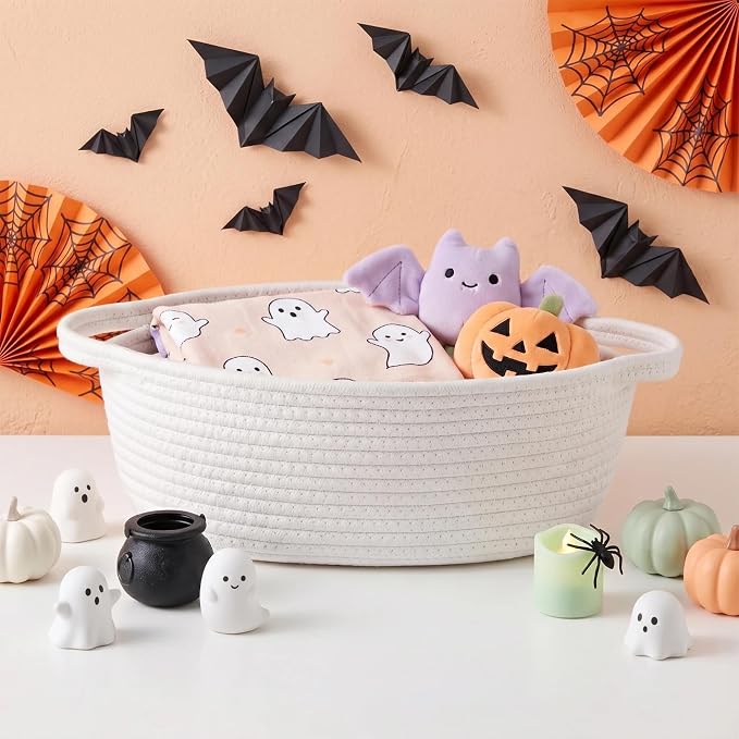 MEGASKET White Small Woven Basket, 13” x 9” x 5” Baskets for Gifts Empty Cotton Rope, Cute Nursery Baby Storage Organizer, Wicker Cat Toy Bin Box with Handles, Empty Gift Boo Basket