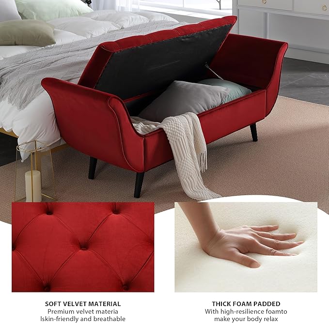 Velvet Storage Bench for Bedroom End of Bed, 65" Upholstered Rolled Armed Button Tufted Stool Bench, Storage Ottoman Long Bench with with 2 Pillows for Entryway (Wine Red)