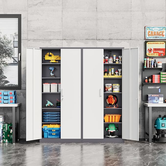 Fesbos Metal Cabinet Steel Storage Cabinet - 71” Tall Steel File Cabinets with Lockable Doors and 5 Adjustable Shelves Gray&White Storage Cabinets for Home, School, Office, Garage