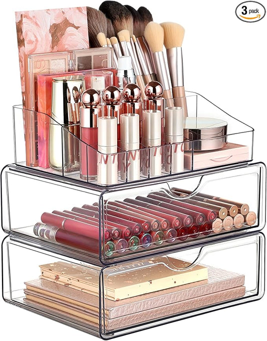Vtopmart 3 Tier Clear Makeup Organizer with 2 Drawers | Smart Storage Layout, Clear for Better Visibility, Stackable, Large Capacity, for Makeup Lipstick Brush Skincare