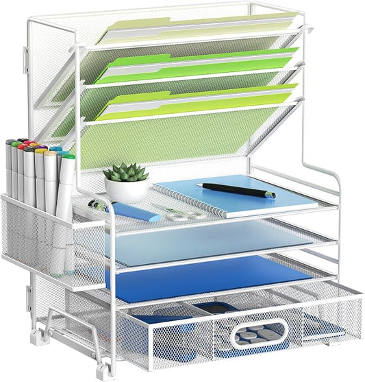 MINDEPOT 4-Tier Paper Organizer + 3-Pocket File Holder + Drawer + Pen Holders, Desktop File Organizers Paper Tray for Office Supplies School Classroom Organization (White, with Drawer & Pen Holder)