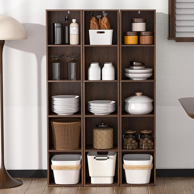 5 Cube Storage Organizer, Narrow Open Shelf Bookcase, Freestanding 5 Tier Low Display Bookshelf for Home Office, Living Room, Bedroom, Dark Brown & Black Walnut