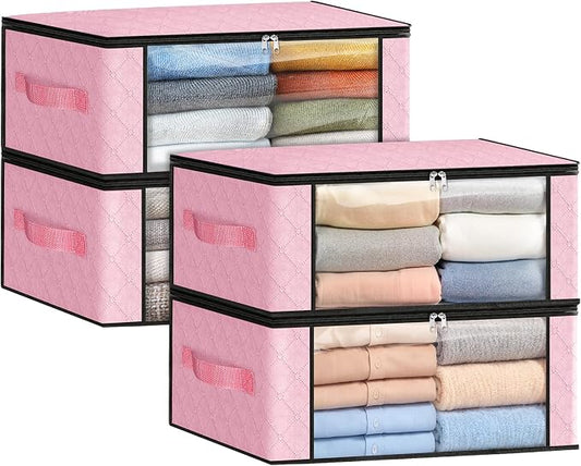 Fab totes 35L Closet Organizers and Storage, Foldable Under Bed Storage Containers, Storage bags for Organizing Bedroom, Closet, Clothing,Organization with Handle (4 Pack,Pink)