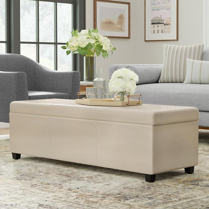 SIMPLIHOME Avalon 54" Wide Vegan Leather Storage Ottoman in Tanners Brown | Contemporary lift-top ottoman with high-density foam; rectangle storage bench or coffee table for living room or entryway.